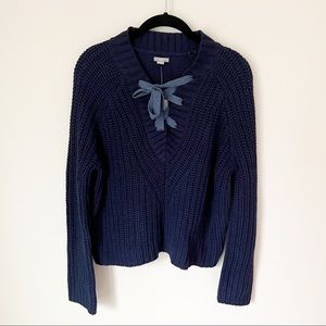 Aerie Chunky Lace Up Cable Knit Sweater Navy Blue XS NWT